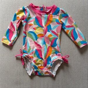 Ruffle Butts Pink-Trim Multicolor Stripe Toddler Swimsuit 6-12 Months